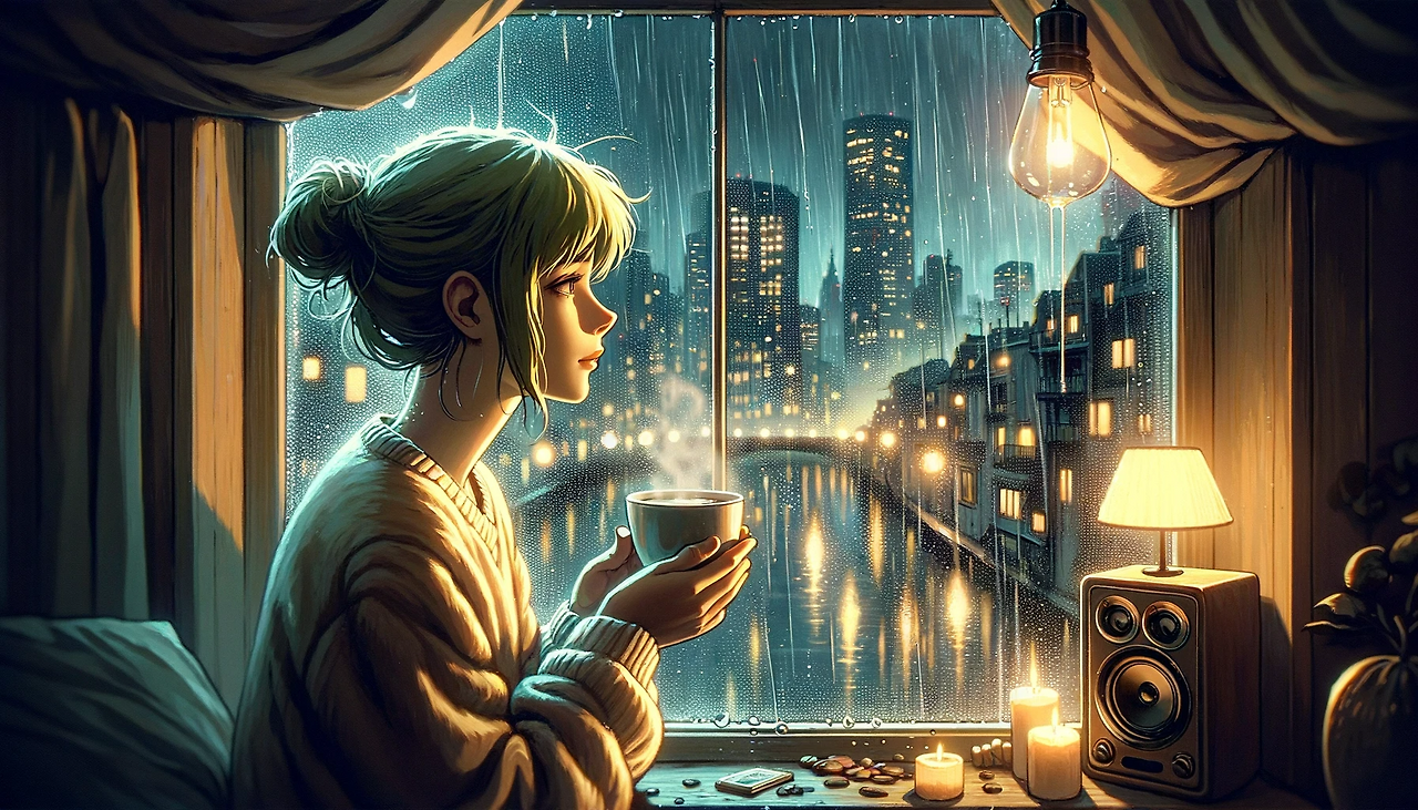 DALL·E 2024-06-07 21.57.06 - A scene from a novel in the style of 'The Little Prince'. Ronika is holding a coffee cup and looking out of the window. It's raining, and raindrops ar.png
