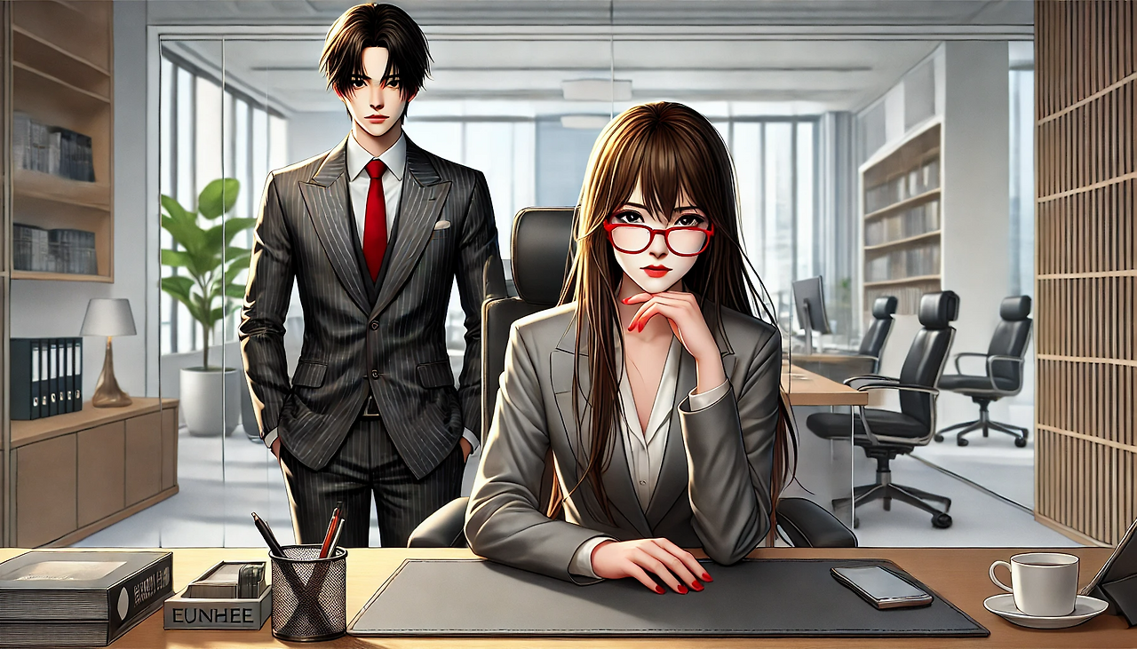 DALL·E 2024-06-21 12.33.06 - A realistic illustration set in a modern, sleek office. Eunhee, the female character with long straight hair and wearing a suit with red glasses, is s.png