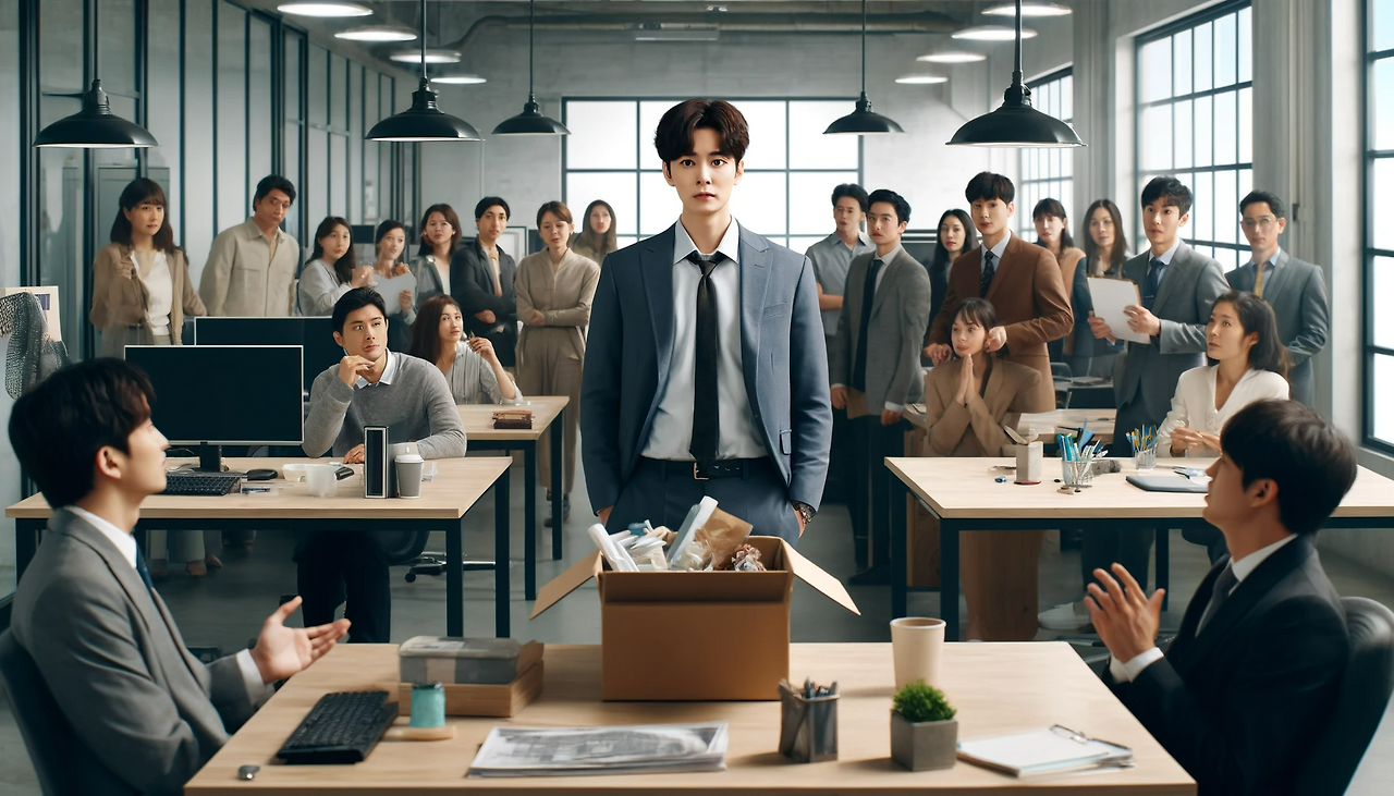 DALL·E 2024-06-11 09.50.58 - An office scene where Youngjin is announcing his resignation. Colleagues are gathered around him with expressions of surprise and concern. The office .png