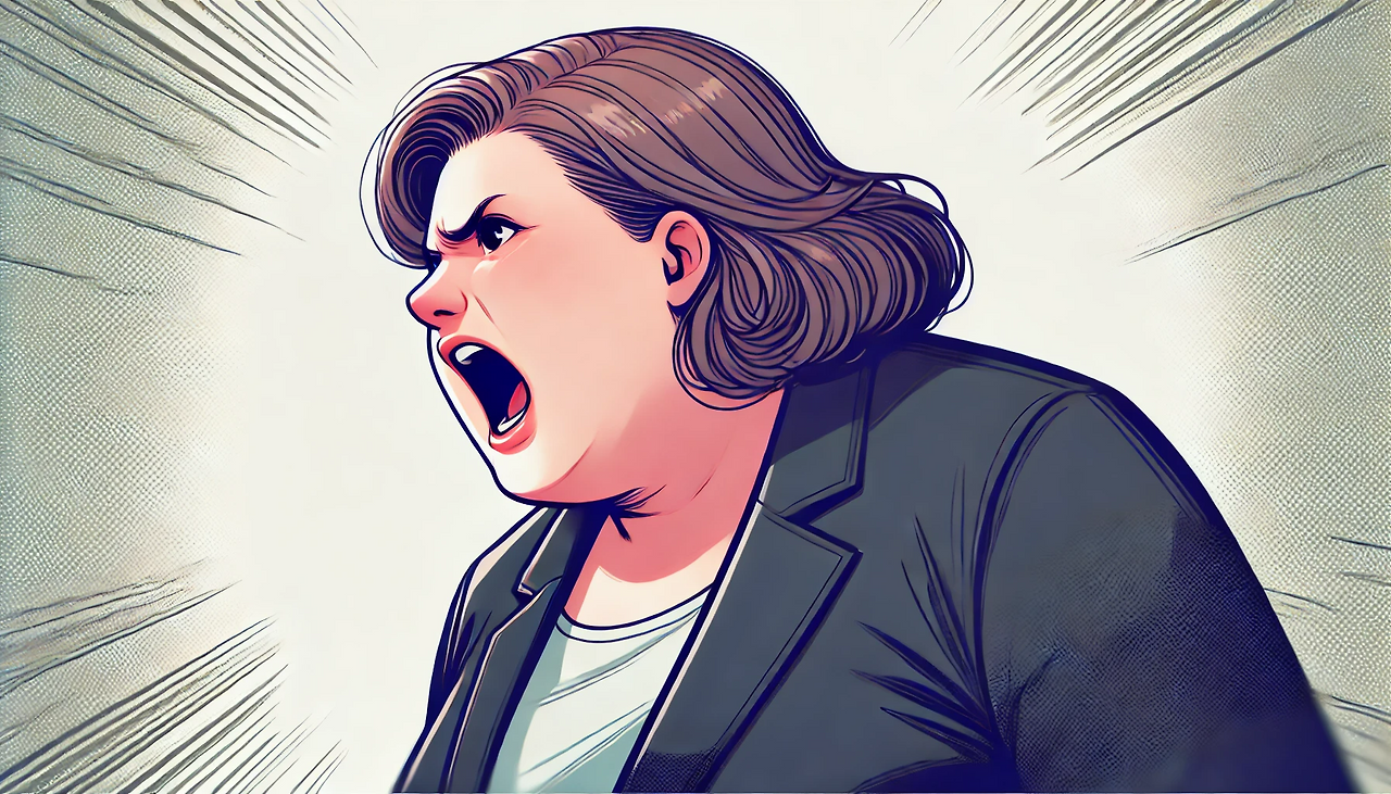 DALL·E 2024-06-24 13.53.39 - A close-up illustration of an overweight middle-aged woman angrily shouting. She is wearing a black suit, and her expression is intense as she yells. .png