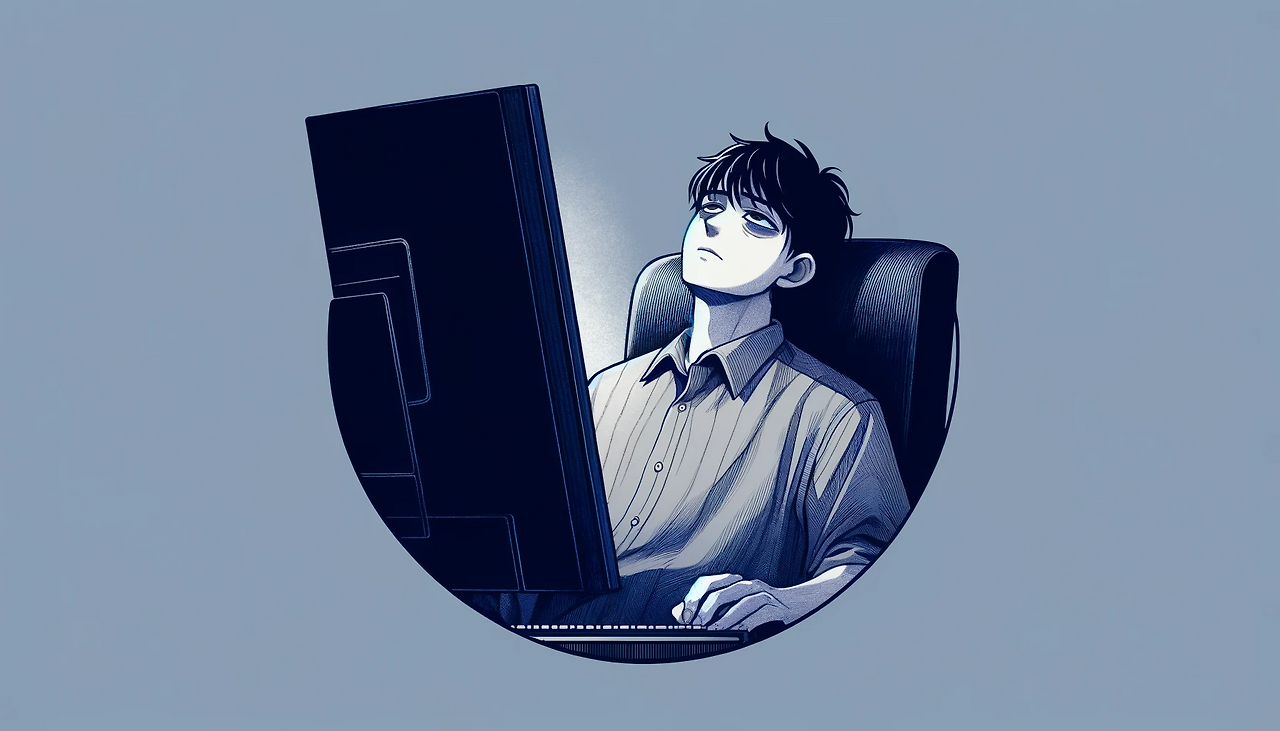 DALL·E 2024-06-07 13.05.15 - A tired male protagonist sitting in front of a computer monitor. He has drooping eyes, reclining back in a chair, stretching with a deep sigh, looking.png
