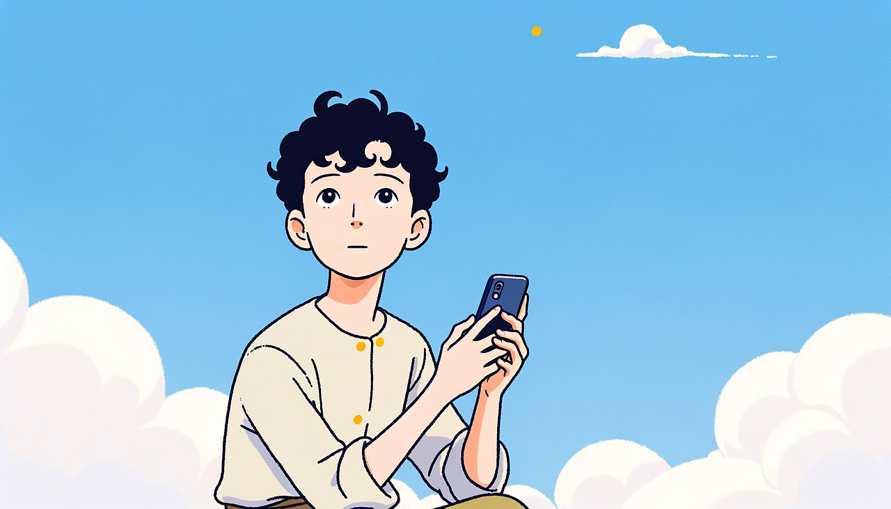 DALL·E 2024-06-08 15.13.38 - In the style of 'The Little Prince,' create an illustration of Ife, a mid-20s Korean young man, holding a smartphone and looking up at the blue sky. I.png