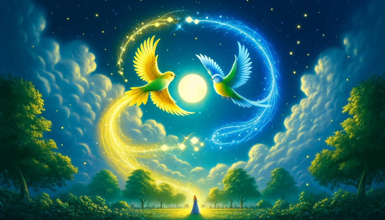 DALL·E 2024-06-08 17.24.48 - A mystical illustration for a story in a 16_9 aspect ratio. In the sky above a park, a yellow bird and a blue bird meet and fly together, surrounded b.png