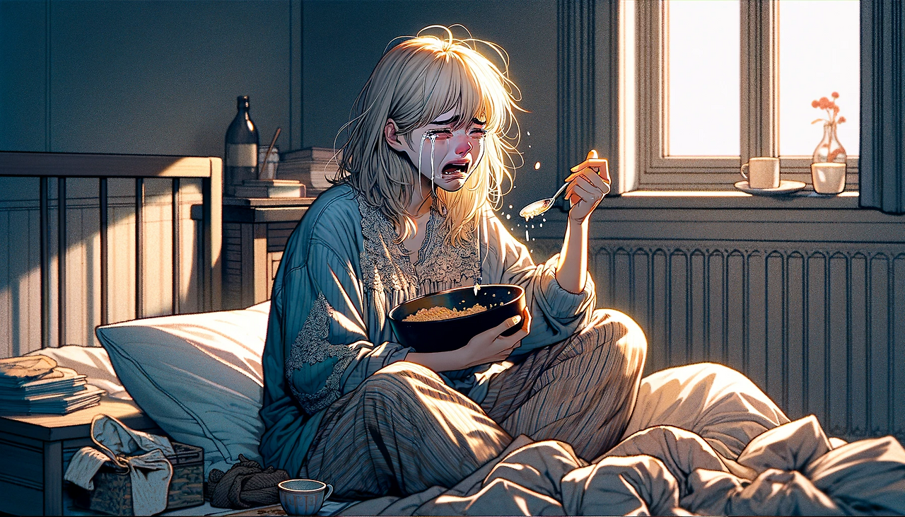 DALL·E 2024-06-07 23.02.44 - A scene depicting Ronika, a mid-20s Korean woman, sitting in the center of her bed, crying. She holds a spoon in her right hand and has food in her mo.png