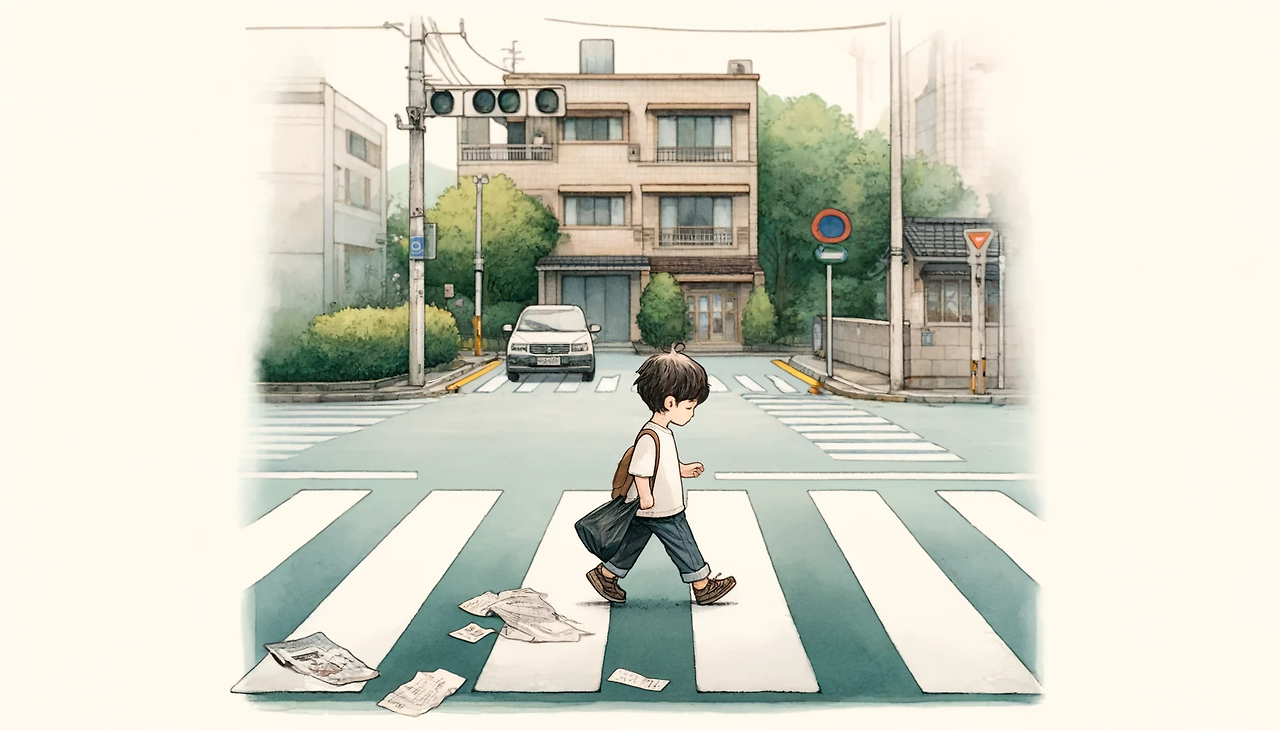 DALL·E 2024-06-07 16.27.35 - A young boy named Jungwoo, who is 9 years old, is walking slowly across a crosswalk holding a black plastic bag. The setting is a quiet intersection i.png