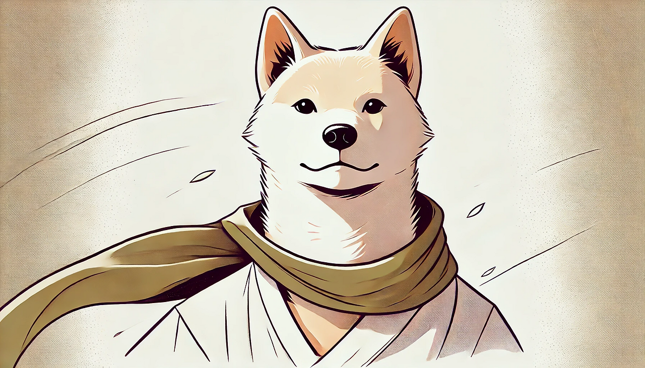 DALL·E 2024-06-25 11.06.51 - An emotional illustration in the style of 'The Little Prince' showing a proud and confident Jindo dog staring straight ahead with a dignified expressi.png