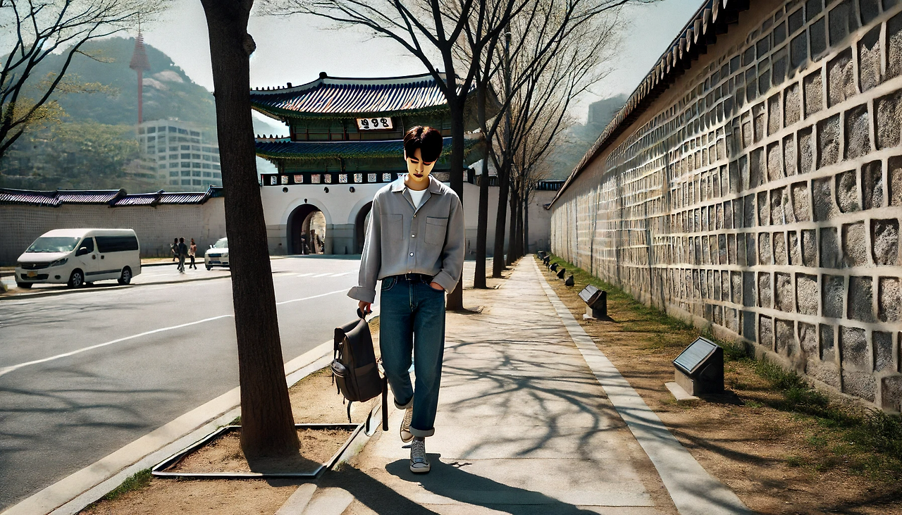 DALL·E 2024-06-17 12.28.46 - Minseong has just left a coffee shop and is walking along a path lined with the stone walls of Gyeongbokgung and street trees. The bright April sunlig.png