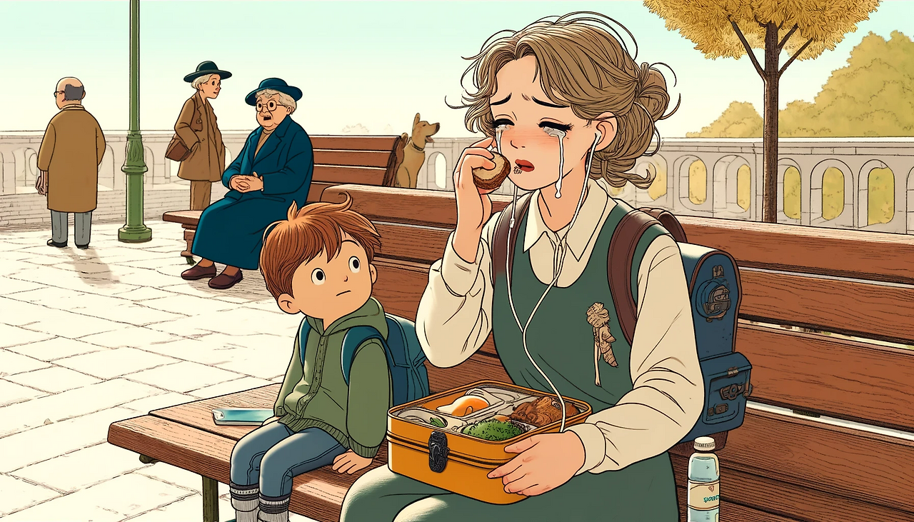 DALL·E 2024-06-08 14.57.04 - In the style of 'The Little Prince,' create a detailed and emotional illustration. A mid-20s woman, Ronika, is sitting on a bench with a lunchbox besi.png