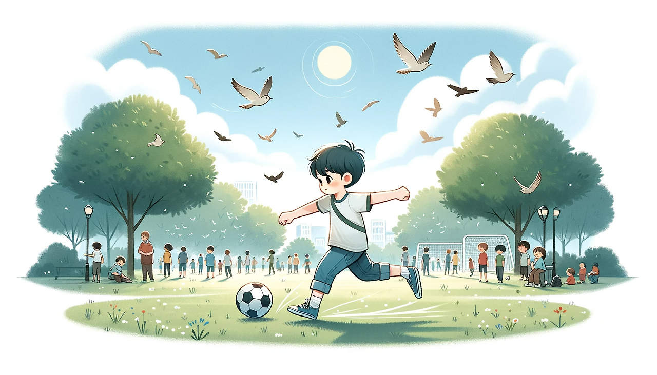DALL·E 2024-06-09 18.08.15 - Create an illustration of a 9-year-old boy named Jung-woo in a park on a sunny day, kicking a soccer ball. The scene should be similar to the referenc.png