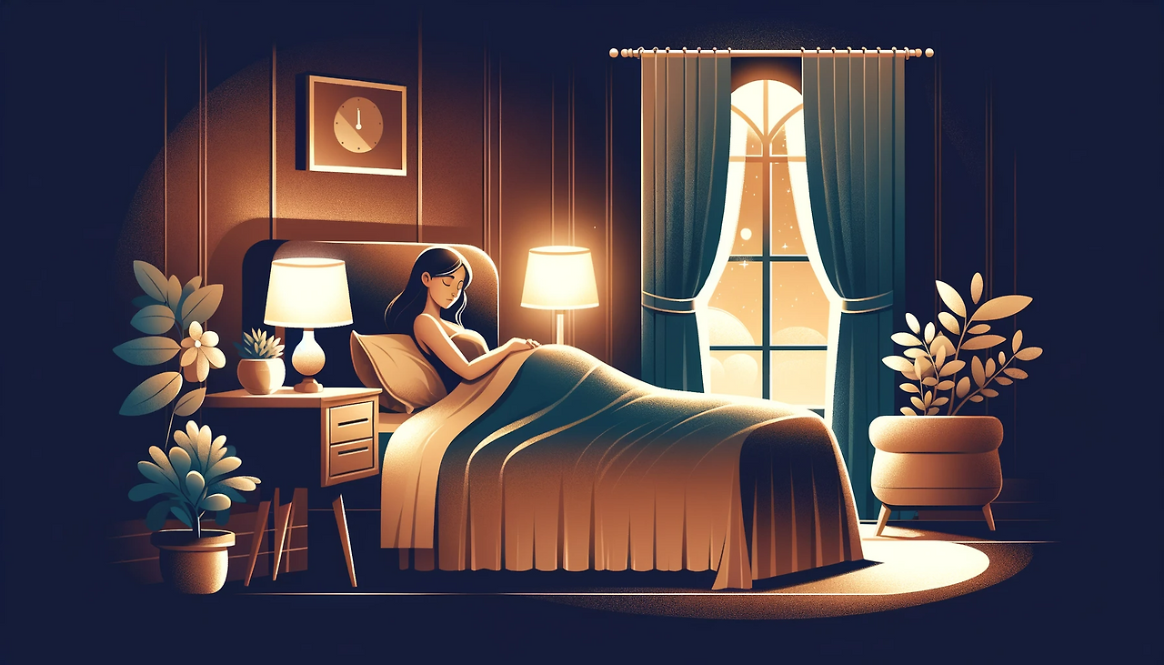 DALL·E 2024-06-10 23.40.48 - An illustration of a serene bedroom scene at night, with a soft glow from a bedside lamp illuminating the room. A woman is peacefully asleep in bed, c.png