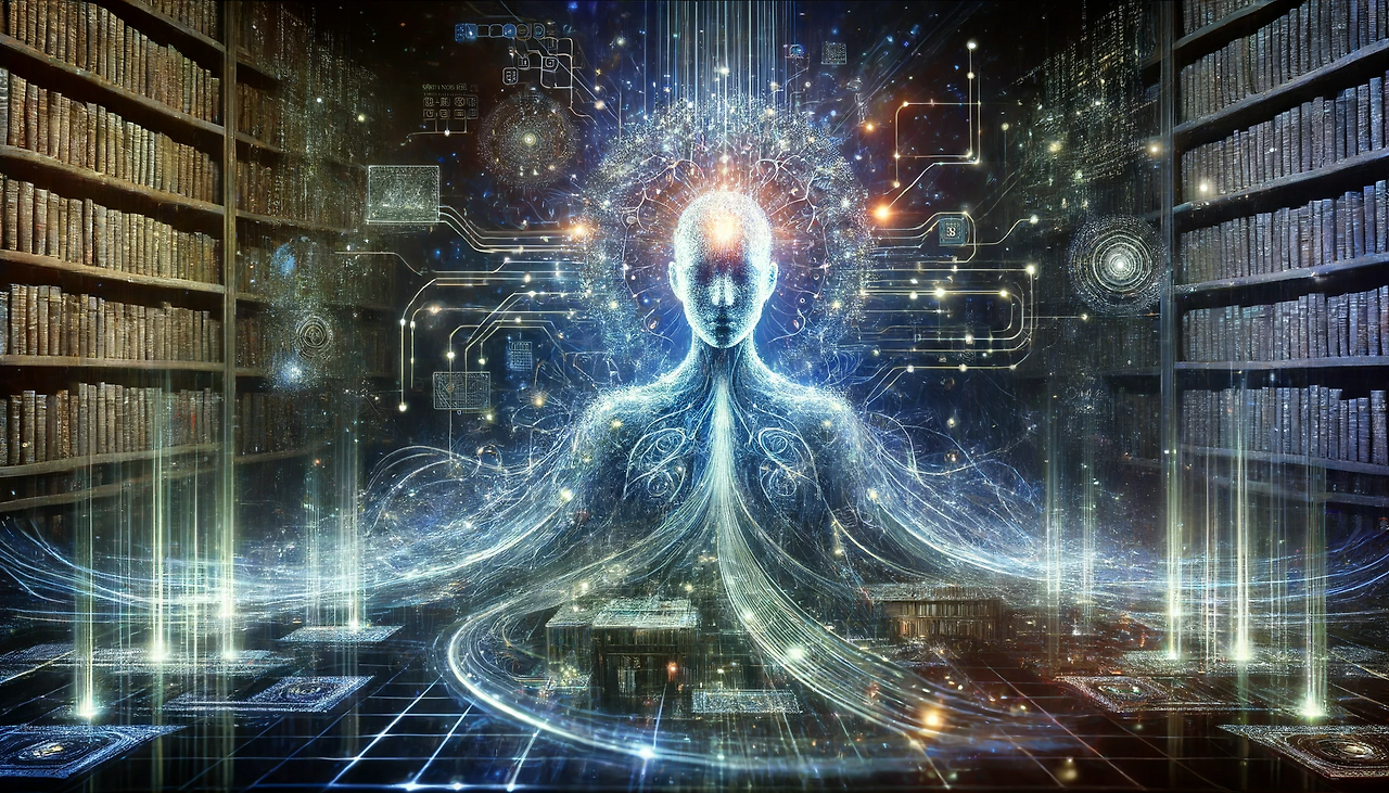 DALL·E 2024-06-17 13.17.37 - A mystical and awe-inspiring depiction of the artificial intelligence 'Om4'. Om4 is represented as a vast, intricate network of glowing circuits and d.png