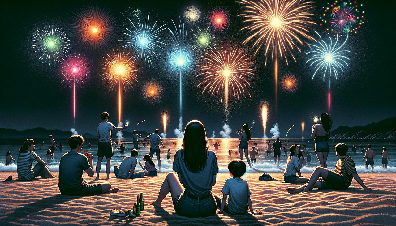 DALL·E 2024-06-08 15.31.01 - A nighttime beach scene with people setting off fireworks, lighting up the dark sky with vibrant colors. The beach is dotted with groups of people hav.png