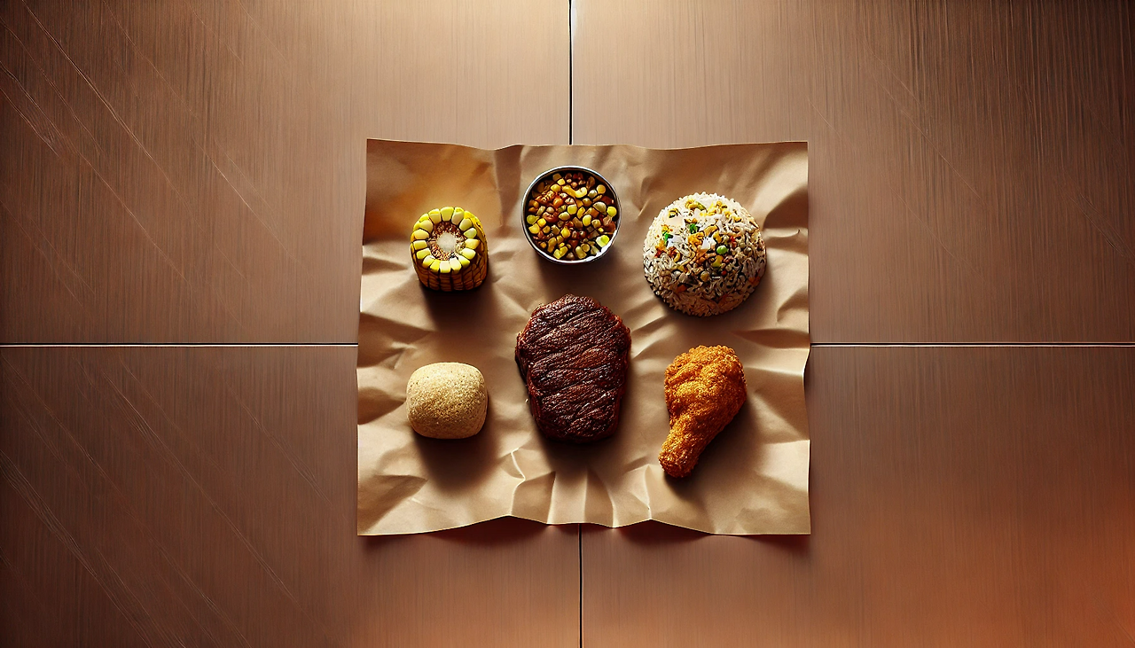 DALL·E 2024-06-19 13.46.41 - A top-down view of a meal placed on a smooth, seamless copper floor. The meal includes three paper-wrapped portions_ a warm steak with corn, a rice ba.png