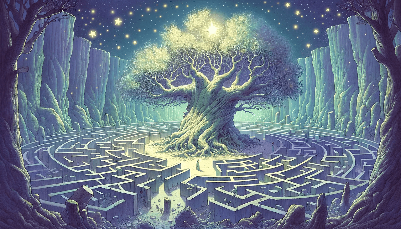 DALL·E 2024-06-04 13.43.39 - In the style of The Little Prince, an illustration showing a massive, grand tree that has grown overnight from a stick. The tree is so immense that .png