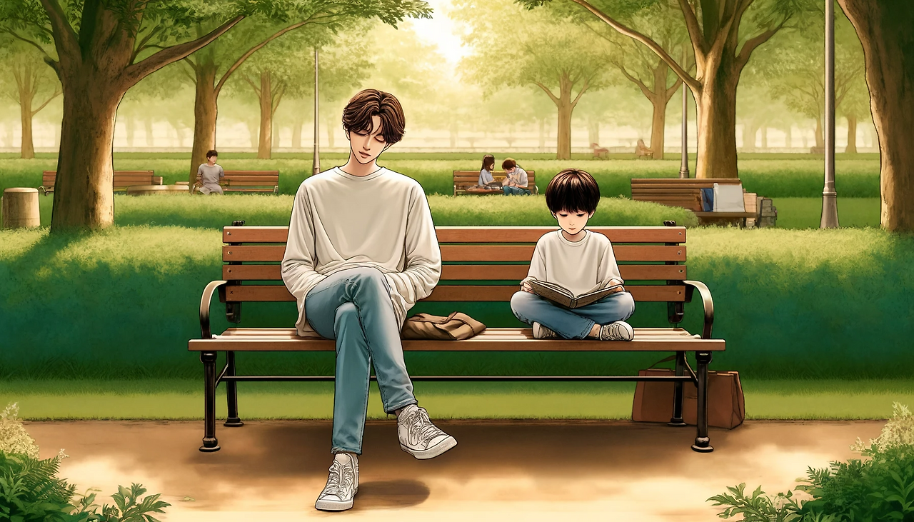 DALL·E 2024-06-09 18.00.22 - Create an emotional and sensitive illustration in a park. Show a 20-something man named Ife, wearing a white long-sleeve shirt and blue jeans, sitting.png