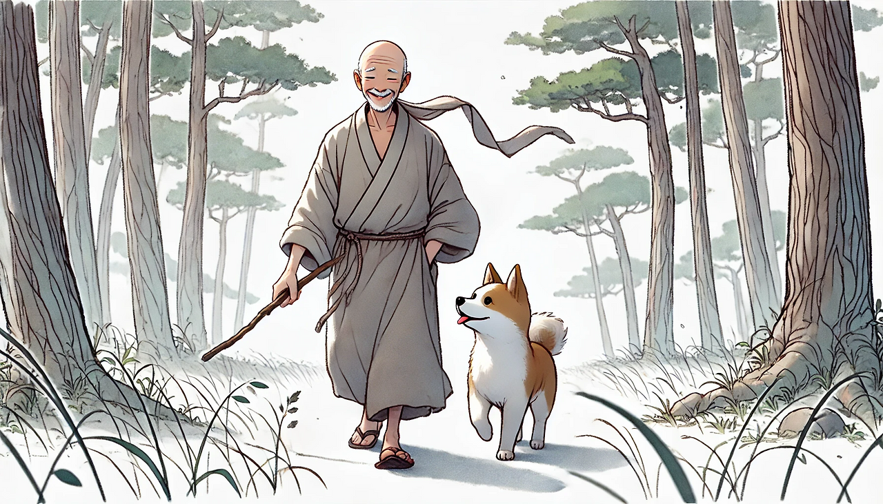 DALL·E 2024-06-24 10.23.02 - An older monk named Pyunjae and a young Jindo dog, walking together through a forest freely without a leash. The monk and the dog are enjoying the ser.png