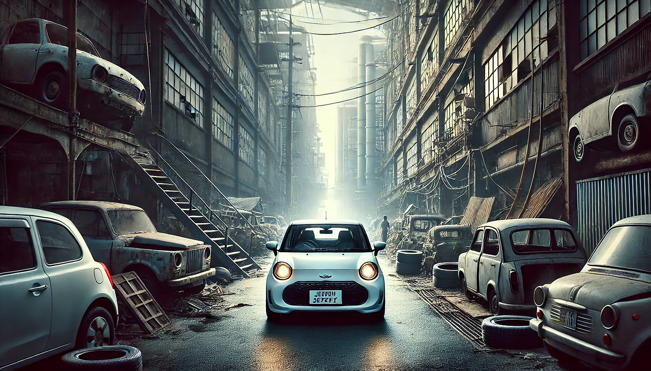 DALL·E 2024-06-19 13.31.42 - A white compact car identical to the one in the provided image arriving in front of an old, rundown factory. The setting is an abandoned industrial ar.png