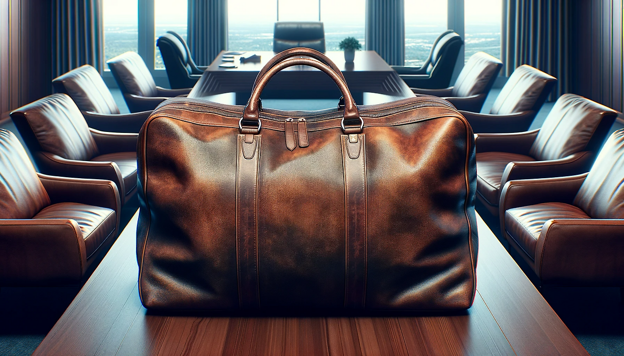 DALL·E 2024-06-11 09.46.14 - A close-up image of a large, elongated leather bag on a table between two sofas. The bag is fully closed with its zipper completely shut, giving no in.png