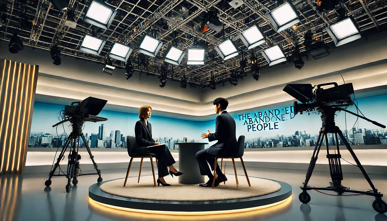 DALL·E 2024-06-20 14.17.18 - A scene of an interview in a well-equipped news studio. Minseong is wearing a black suit with faint vertical stripes and is seated across from an anch.png