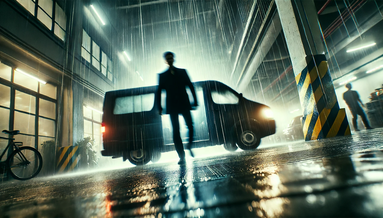 DALL·E 2024-06-17 14.10.55 - A blurry, disoriented view as seen through Minseong's eyes from the ground level. The scene includes the side view of a black van with its door open, .png