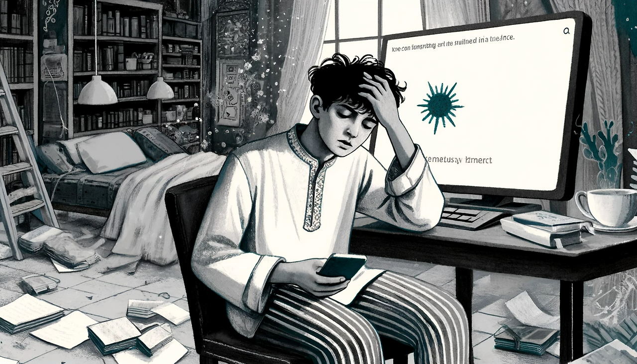 DALL·E 2024-06-07 21.50.06 - A scene from a novel in the style of 'The Little Prince'. The writer Ife, exhausted, throws their phone onto the bed and slumps into a chair. The room.png