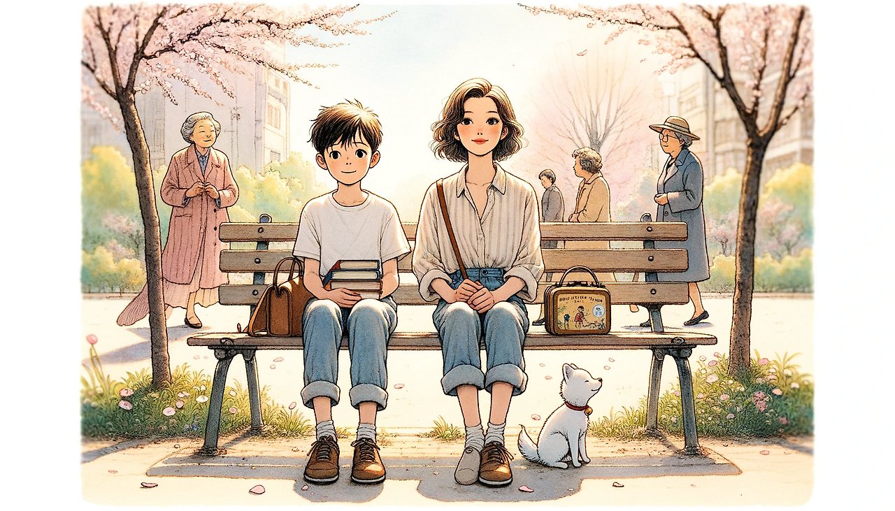 DALL·E 2024-06-07 16.32.46 - A young boy named Jungwoo is sitting on a park bench in the spring sunlight, wearing a white t-shirt, blue jeans, and brown shoes. Next to him is a yo.png