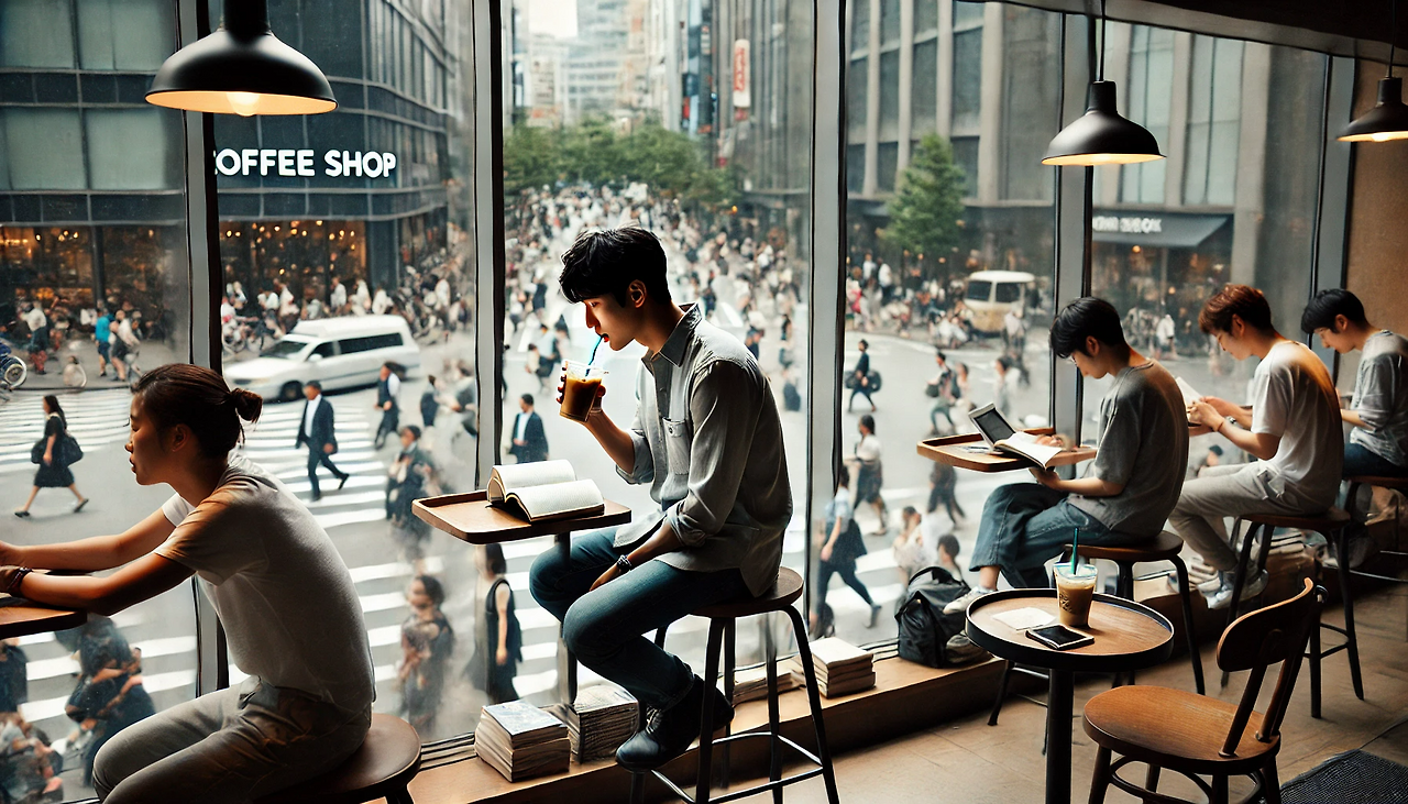 DALL·E 2024-06-16 22.05.16 - Inside a large coffee shop on the 5th floor, many people are silently reading books or typing on their laptops, though the silence is frequently broke.png