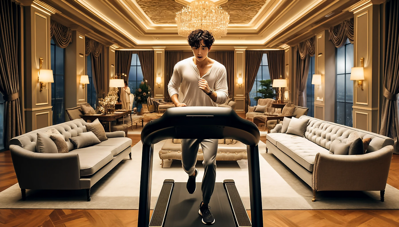 DALL·E 2024-06-11 14.44.54 - A luxurious room resembling a 5-star hotel suite with high-end decor, plush furniture, and sophisticated lighting. In this elegant setting, a handsome.png