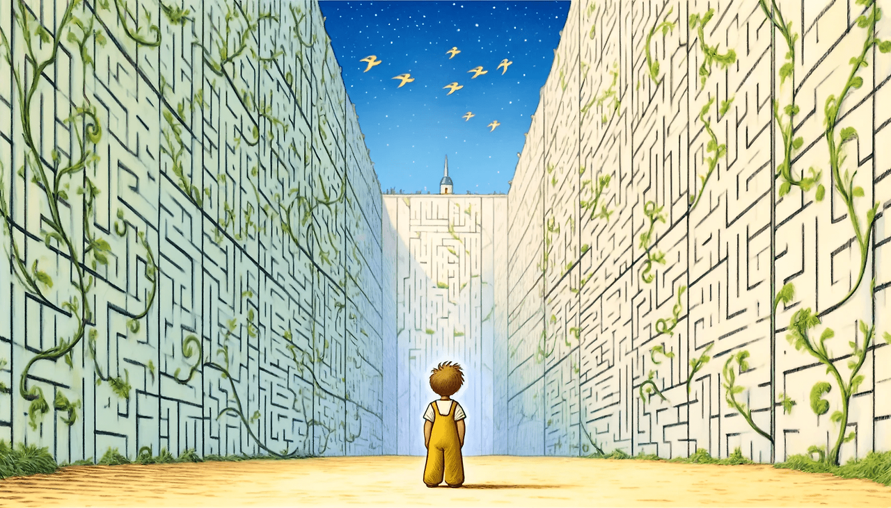 DALL·E 2024-06-04 12.57.31 - In the style of The Little Prince, an illustration showing the protagonist looking up at the incredibly high maze walls, which are covered with vine.png