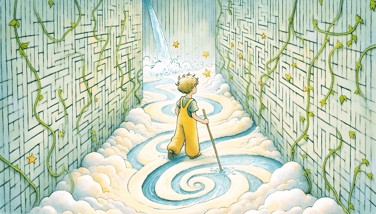 DALL·E 2024-06-04 13.02.25 - In the style of The Little Prince, an illustration of the protagonist walking through the maze, drawing lines on the ground with a long stick. The p (1).png