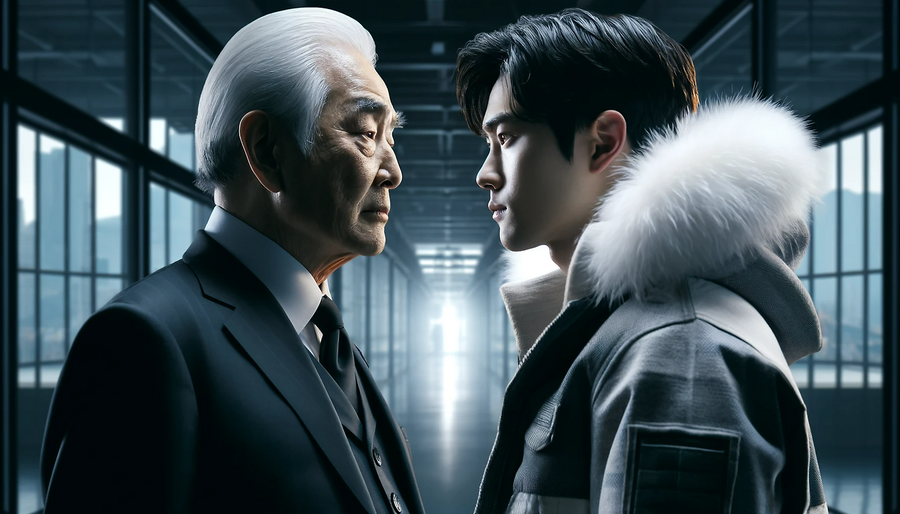 DALL·E 2024-06-12 10.40.08 - A dramatic scene where an elderly Chairman Kang-min, in his 80s, dressed in a black suit, and Youngjin, dressed in a white sweater with a winter padde.png