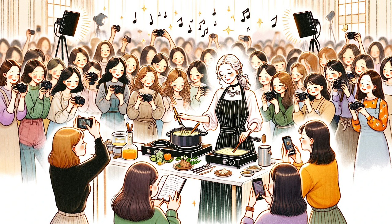 DALL·E 2024-06-07 22.37.13 - In a lively atmosphere with music playing, Ronika, a Korean woman, is conducting a cooking demonstration. Many women are gathered around, holding note.png