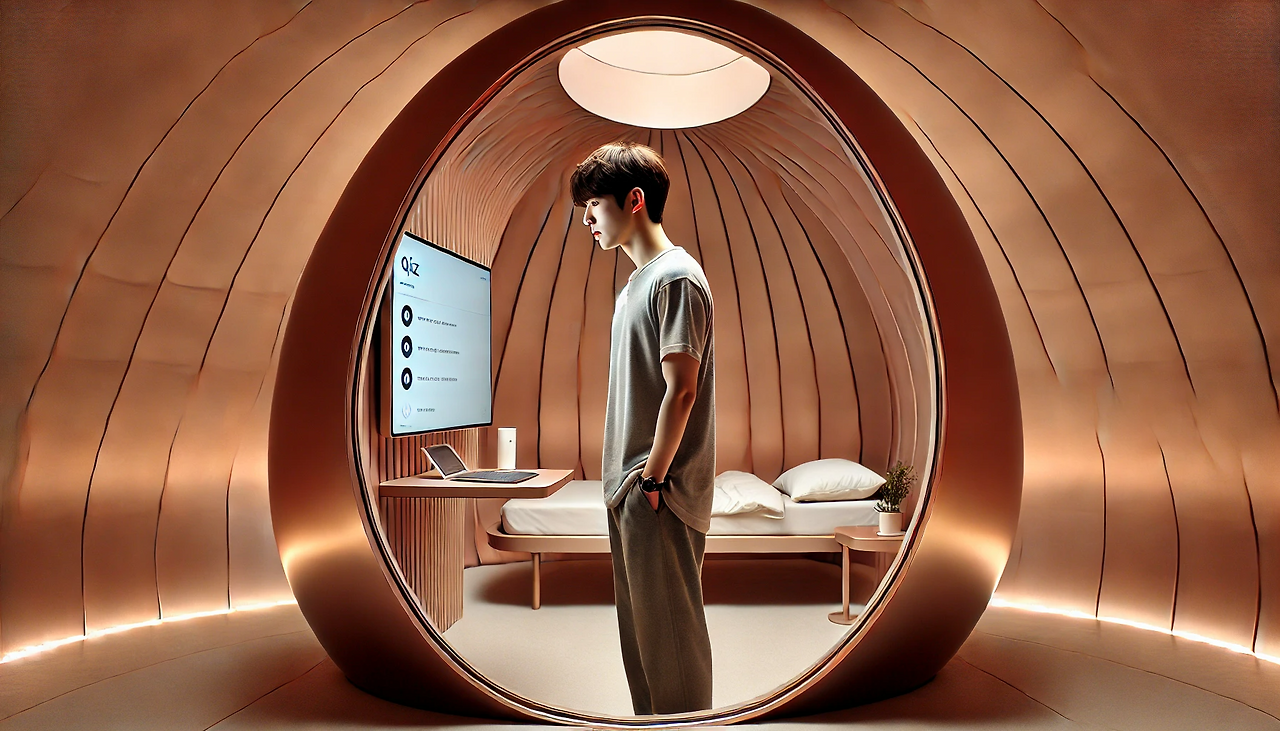 DALL·E 2024-06-19 12.55.54 - A young man named Minseong inside an egg-shaped room with smooth, seamless copper walls. He is looking at a floating monitor screen in front of him, w (1).png