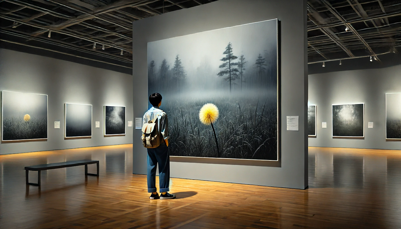 DALL·E 2024-06-17 14.21.57 - A vast, empty gallery with no other visitors. The walls are adorned with photographs featuring dreamy, misty landscapes. Most of the photos depict sce.png