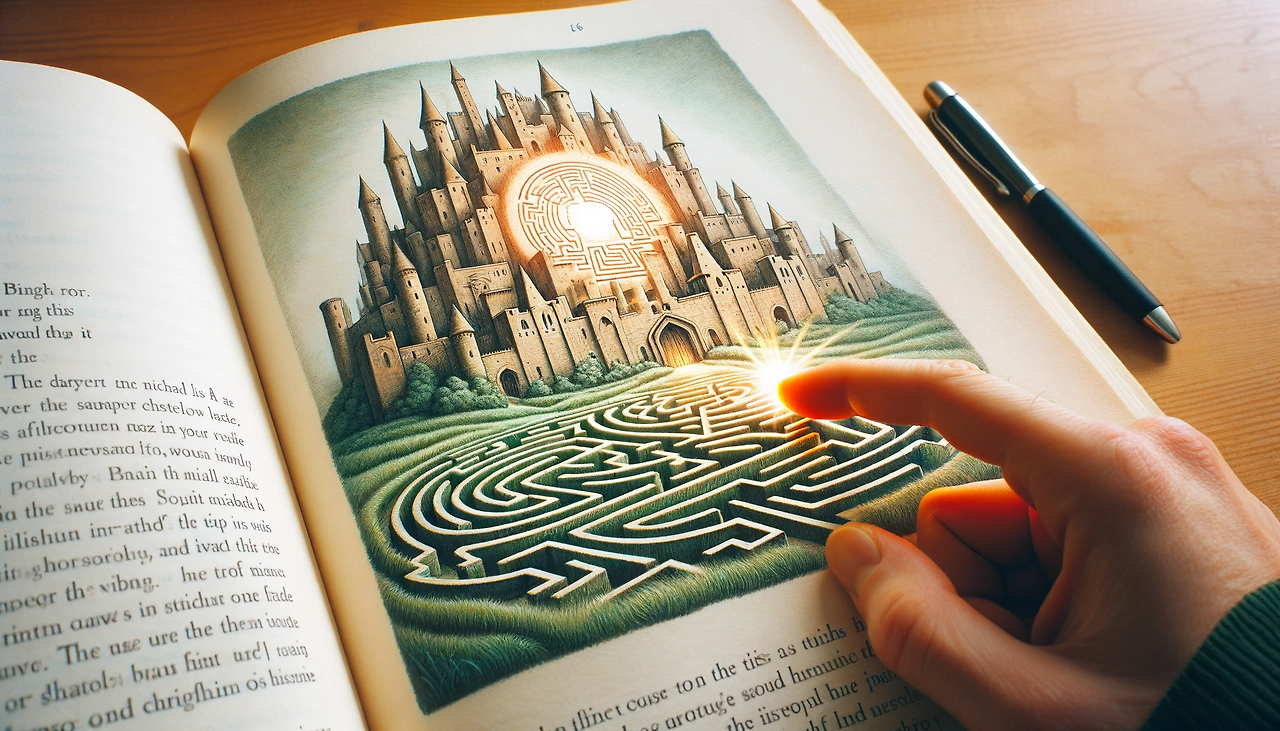 DALL·E 2024-06-06 12.19.11 - Illustration for page 68 of a book, depicting a magical scene where a labyrinthine castle is being created in a field from the tip of a person's finge.png