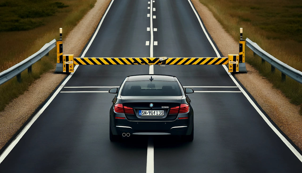 DALL·E 2024-06-11 10.51.21 - A black BMW 530i sedan is shown from the rear, parked directly in front of a simple, lowered, and thin yellow and white checkpoint barrier on a narrow.png