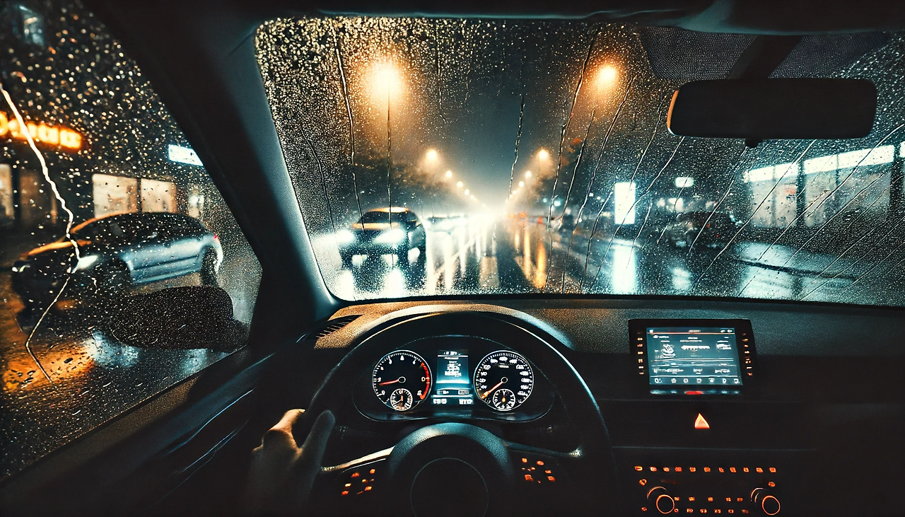 DALL·E 2024-06-17 10.48.52 - A view from the driver's seat of a parked car at night. The windshield wipers have cleared the raindrops, revealing a nighttime scene outside. The atm.png