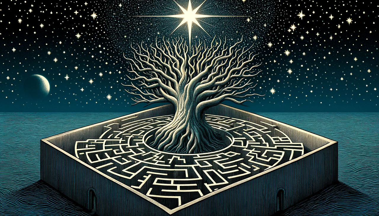 DALL·E 2024-06-06 12.26.12 - Illustration for page 69 of a book, depicting a fantastical and majestic tree caught in a symbolic, small maze under a star-filled night sky with an e.png