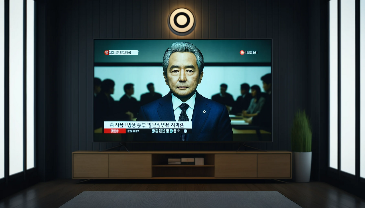 DALL·E 2024-06-10 17.57.48 - A large TV screen showing an interview with a stern-looking Korean chairman. The chairman has a serious expression and is speaking about important dec.png