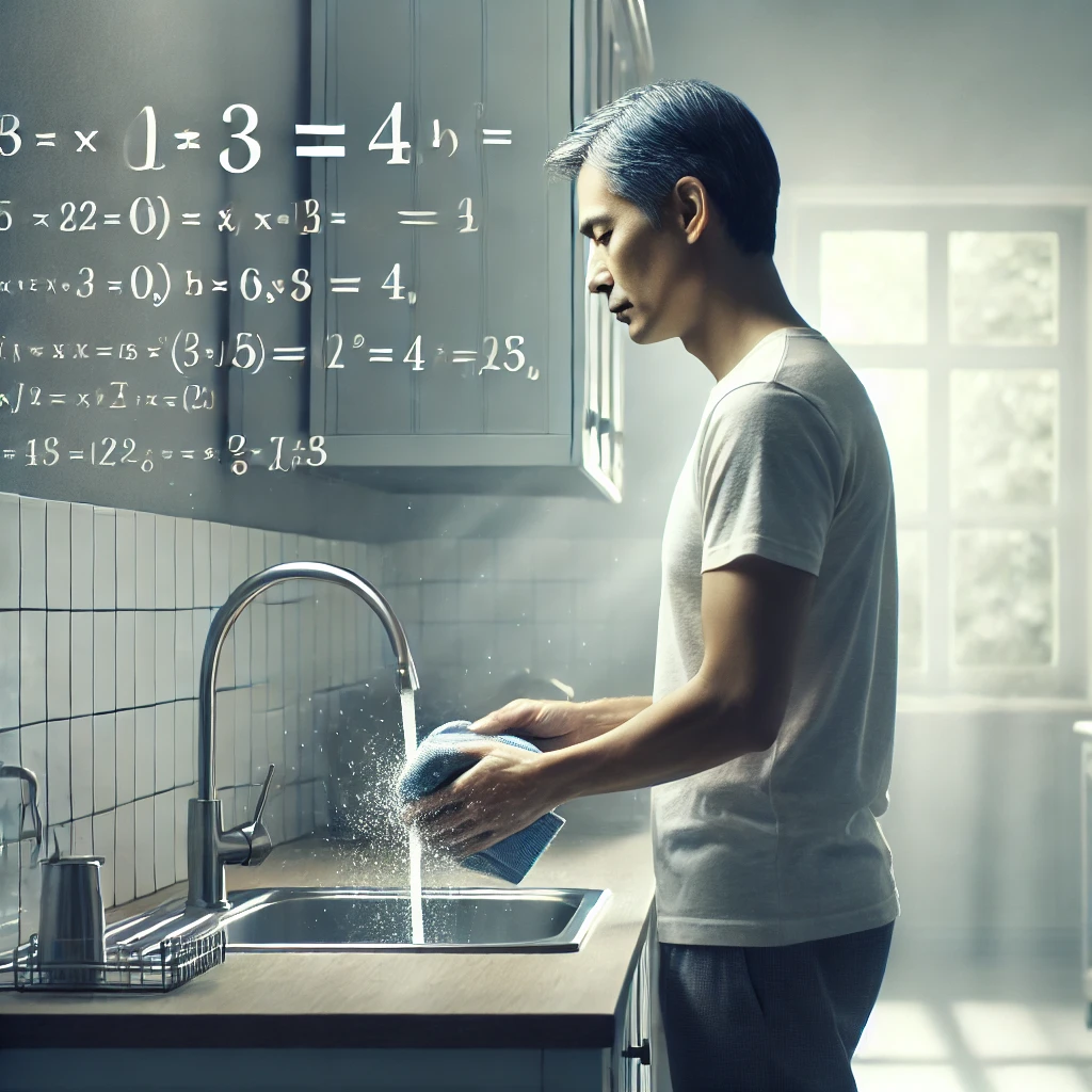 DALL·E 2024-08-03 22.50.29 - In a serene kitchen, a man in his forties, Asian, is devoutly engaged in washing dishes at the sink. The immaculate kitchen has a sleek, clean floor. .png