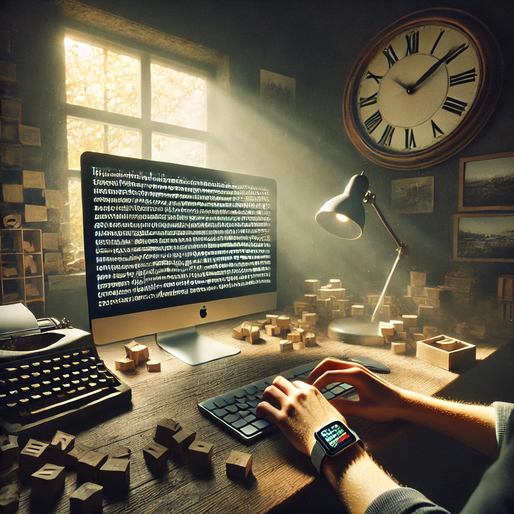 DALL·E 2024-08-07 18.28.27 - A dimly lit room symbolizing isolation with elements of remote work. There is a desk with a computer, the keyboard is in use, and letters orderly form.png