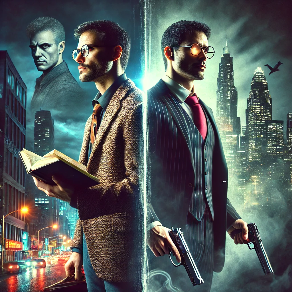 DALL·E 2024-06-23 15.38.19 - A dramatic scene illustrating the transformation of Gary Johnson, a philosophy professor into Ron, his alter ego as a charismatic hitman. The setting .png