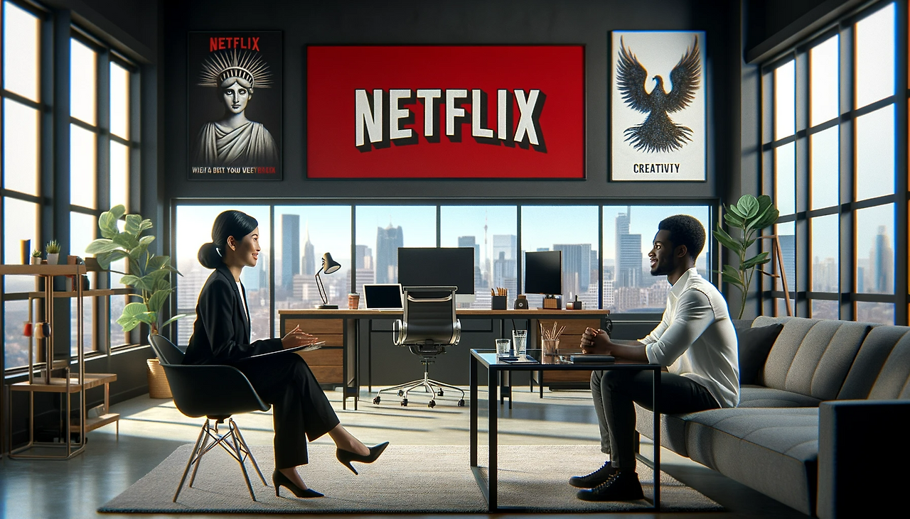 DALL·E 2024-01-01 13.19.43 - A modern, stylish office setting with the Netflix logo prominently displayed. In the foreground, an interview is taking place. The interviewer, a prof.png