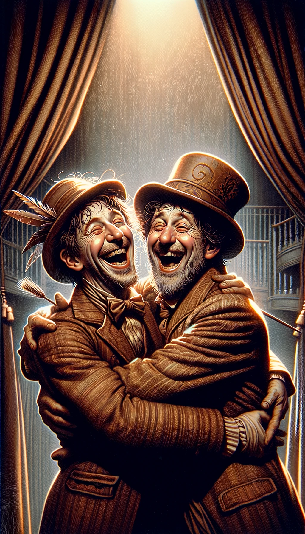 DALL·E 2024-01-03 13.54.58 - A reinterpreted image inspired by the poster for the play 'Waiting for Godot'. The image should capture the essence of camaraderie and warmth between .png