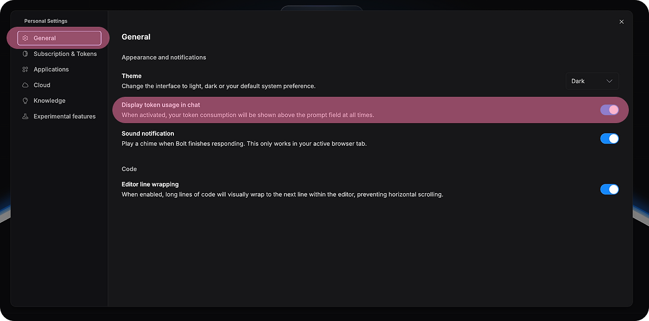 Boltnew에서 토큰 사용량을 챗에서 볼 수 있도록하기.png