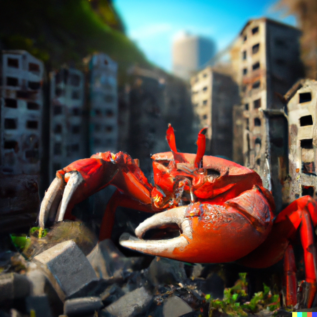 DALL·E 2022-07-29 19.55.49 - a tremendous red hair crab modified with tank in the destroyed city where is full of ruined building.png