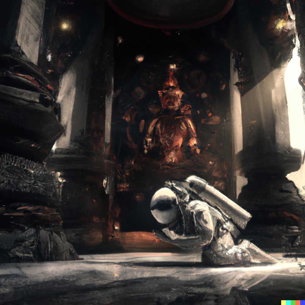 DALL·E 2022-07-29 22.48.16 - an astronaut kneeling and praying in an old dark Asian temple in photorealistic image.png