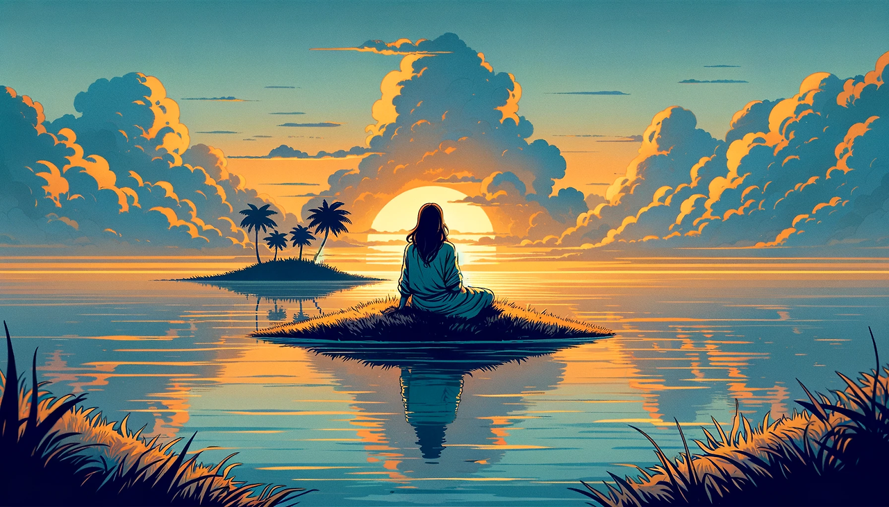 DALL·E 2024-03-04 18.48.04 - Illustration of a tranquil scene featuring a small, secluded island in the center of a calm body of water. A single individual with long hair, dressed.png