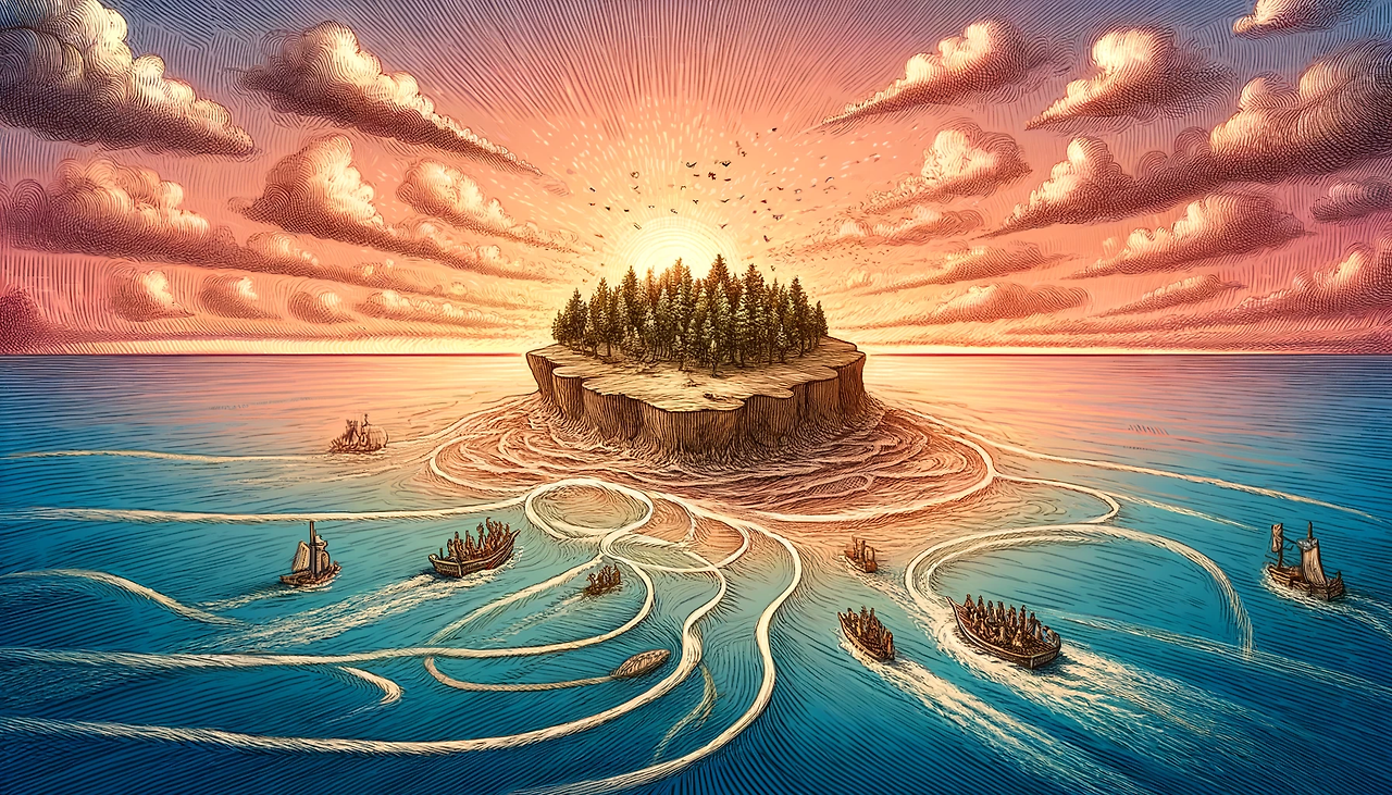 DALL·E 2024-04-17 13.13.33 - A detailed and emotive illustration inspired by a narrative about an island metaphor representing personal journeys and interconnected lives. The imag.png