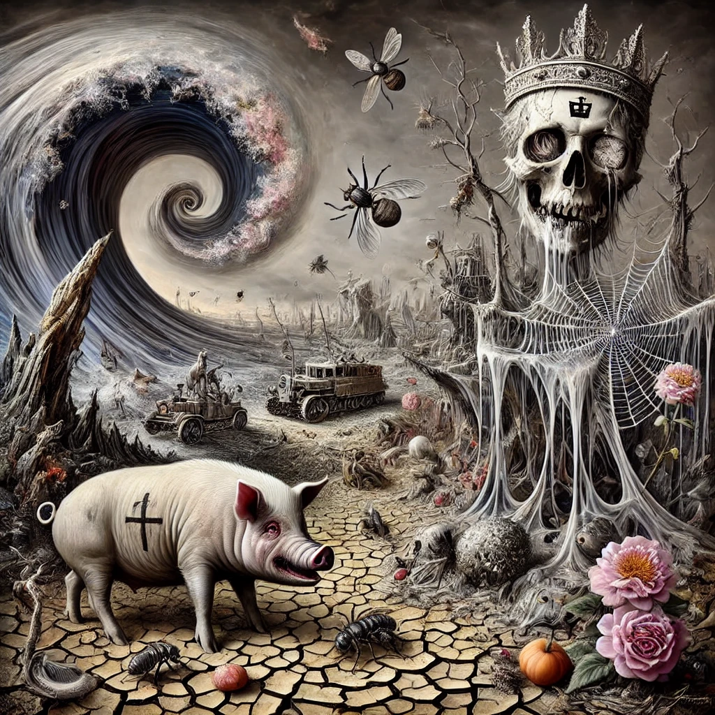 DALL·E 2024-12-02 21.54.57 - A surrealist depiction inspired by poetry, portraying a desolate and dark landscape filled with despair and ruin. The scene is rendered in a surreal s.png